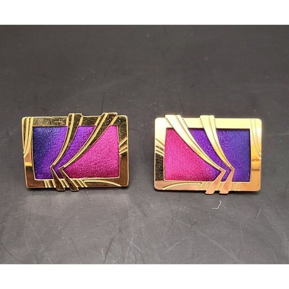 VTG KYLE MCKEOWN COUTURE HAND PAINTED SILK INSERT GOLD TONE CLIP ON EARRINGS - Picture 2 of 3